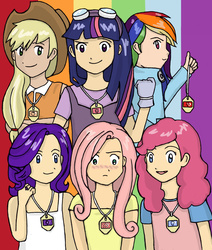 Size: 2036x2402 | Tagged: safe, artist:iemikas, applejack, fluttershy, pinkie pie, rainbow dash, rarity, twilight sparkle, human, g4, crossover, digimon, female, humanized, mane six