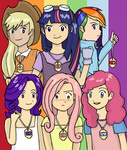 Size: 2036x2402 | Tagged: safe, artist:iemikas, applejack, fluttershy, pinkie pie, rainbow dash, rarity, twilight sparkle, human, g4, crossover, digimon, female, humanized, mane six