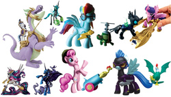Size: 1438x816 | Tagged: safe, nightmare moon, nightshade, pinkie pie, princess celestia, queen chrysalis, rainbow dash, spike, tank, twilight sparkle, alicorn, changeling, cockatrice, pegasus, pony, unicorn, g4, official, adult spike, armor, bat-winged chicken, clothes, costume, dragon rider shining armor, guardians of harmony, horseshoes, older, older spike, ponies riding dragons, rearing, riding, royal guard, shadowbolts, shadowbolts costume, shining armor riding spike, spikezilla, toy, twilight sparkle (alicorn)