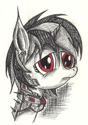 Size: 1552x2203 | Tagged: safe, artist:thesubtle, oc, oc only, oc:blackjack, fallout equestria, fallout equestria: project horizons, fallout, fanfic, fanfic art, portrait, profile, red eyes, sad face, solo, traditional art