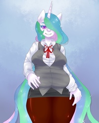 Size: 1024x1280 | Tagged: safe, artist:pettankochan, princess celestia, anthro, g4, chubby, clothes, female, grin, principal, solo, wide hips