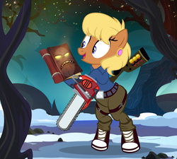 Size: 900x810 | Tagged: safe, artist:pixelkitties, ms. harshwhinny, pony, g4, ash williams, bipedal, book, chainsaw, clothes, crossover, evil dead, gun, necronomicon, open mouth, shotgun, solo, weapon