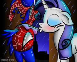 Size: 1000x800 | Tagged: safe, artist:lennonblack, rarity, spike, dragon, pony, unicorn, g4, clothes, cosplay, costume, duo, eyes closed, female, imminent kissing, kissing, male, mare, puckered lips, rain, ship:sparity, shipping, spider-man, straight, upside down kiss