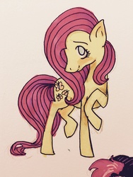 Size: 2448x3264 | Tagged: safe, artist:wutthediddleydarn, fluttershy, g4, female, high res, looking at you, looking up, raised hoof, simple background, solo, standing, traditional art, turned head