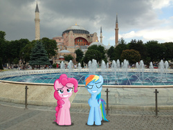 Size: 3264x2448 | Tagged: safe, artist:geonine, artist:stabzor, pinkie pie, rainbow dash, g4, female, fountain, hagia sophia, high res, irl, istanbul, lesbian, photo, ponies in real life, ship:pinkiedash, shipping, turkey (country), vector