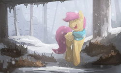 Size: 2665x1601 | Tagged: dead source, safe, artist:fuzzyfox11, scootaloo, pegasus, pony, g4, clothes, eyes closed, female, filly, foal, folded wings, forest, open mouth, open smile, scarf, smiling, snow, snowfall, solo, walking, wings