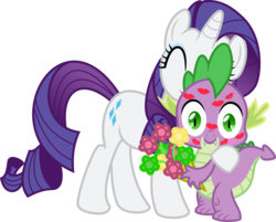 Size: 3903x3142 | Tagged: dead source, safe, artist:sapphire-beauty0, rarity, spike, dragon, pony, unicorn, g4, .svg available, baby, baby dragon, bouquet, cute, cutie mark, duo, eyes closed, fangs, female, flower, high res, horn, hug, kiss mark, kissing, lipstick, looking at you, male, mare, ship:sparity, shipping, simple background, spikabetes, spikelove, straight, transparent background, vector