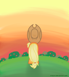 Size: 1536x1706 | Tagged: safe, artist:xrazuri, applejack, g4, apple orchard, female, solo, sunset