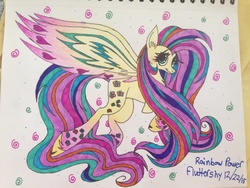 Size: 1024x768 | Tagged: safe, artist:kawaiiponeoverlord, fluttershy, g4, colored wings, female, looking at you, rainbow power, solo, traditional art