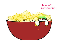 Size: 1280x887 | Tagged: dead source, safe, artist:nom-sympony, oc, oc only, oc:spearmint, butter, food, micro, popcorn