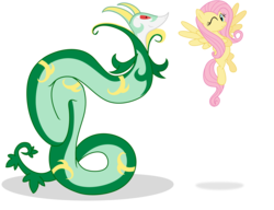 Size: 2000x1536 | Tagged: safe, artist:blooddragonx, artist:elsdrake, fluttershy, pegasus, pony, serperior, g4, blinking, crossover, duo, floating, flying, pokémon, simple background, transparent background, wink