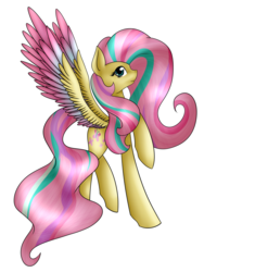 Size: 3301x3336 | Tagged: safe, artist:midfire, fluttershy, g4, colored wings, female, high res, rainbow power, raised hoof, simple background, solo, spread wings, transparent background