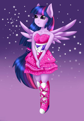 Size: 3000x4308 | Tagged: safe, artist:midfire, twilight sparkle, equestria girls, g4, boots, clothes, dress, fall formal outfits, female, high heel boots, ponied up, ponytail, skirt, solo, sparkles, twilight ball dress, wings