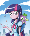 Size: 1784x2163 | Tagged: safe, artist:the-butch-x, spike, twilight sparkle, dog, equestria girls, g4, backpack, clothes, duo, skirt, spike the dog, twilight sparkle (alicorn)