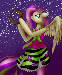 Size: 2731x3300 | Tagged: safe, artist:midfire, fluttershy, anthro, equestria girls, g4, my little pony equestria girls: rainbow rocks, clothes, female, high res, looking up, musical instrument, pantyhose, rainbow rocks outfit, skirt, solo, spread wings, standing, tambourine