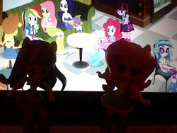 Size: 640x480 | Tagged: safe, applejack, dj pon-3, fluttershy, pinkie pie, rainbow dash, rarity, spike, twilight sparkle, vinyl scratch, alicorn, dog, equestria girls, g4, chibi, computer, doll, equestria girls minis, eyes closed, humane five, humane six, movie, spike the dog, toy, twilight sparkle (alicorn)