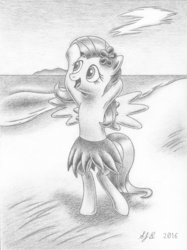 Size: 2243x3003 | Tagged: safe, artist:europeandragon, fluttershy, pony, g4, armpits, beach, bipedal, clothes, dancing, female, flower, flower in hair, grass skirt, grayscale, hawaiian flower in hair, high res, hooves up, hula, hula dance, hulashy, looking away, looking up, monochrome, open mouth, pencil drawing, skirt, smiling, solo, spread wings, traditional art