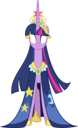 Size: 6153x10043 | Tagged: safe, artist:multiversecafe, twilight sparkle, pony, unicorn, g4, absurd resolution, alternate body style, big crown thingy, blank eyes, cape, clothes, element of magic, female, glowing eyes, hoof shoes, horn, jewelry, long horn, older, peytral, princess shoes, regalia, simple background, slender, solo, tall, thin, transparent background, vector, white eyes