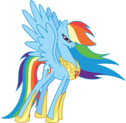 Size: 9116x8849 | Tagged: safe, artist:multiversecafe, rainbow dash, pegasus, pony, g4, absurd resolution, alternate body style, bigger, bigger rainbow dash, element of loyalty, female, hoof shoes, older, peytral, princess, princess shoes, simple background, slender, solo, tall, thin, transparent background, vector