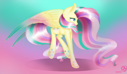 Size: 1280x750 | Tagged: safe, artist:prettyshinegp, fluttershy, pegasus, pony, g4, colored wings, colored wingtips, female, looking away, mare, rainbow power, solo, spread wings, watermark