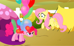 Size: 949x596 | Tagged: safe, screencap, fluttershy, pinkie pie, g4, the super speedy cider squeezy 6000, balloon, duo, heart balloon, tent, that pony sure does love balloons