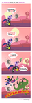 Size: 1200x3847 | Tagged: safe, artist:pixelkitties, twilight sparkle, deathclaw, pony, unicorn, g4, 4 panel comic, armor, comic, crossover, dead, ed-e, eyebot, fallout, fallout: new vegas, gun, lonesome road, pimp-boy 3 billion, pipboy, pipbuck, raygun, speech bubble, sun, unicorn twilight, weapon, windmill, x eyes