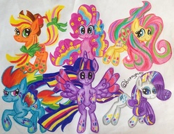 Size: 640x493 | Tagged: safe, artist:bonnypony, applejack, fluttershy, pinkie pie, rainbow dash, rarity, twilight sparkle, alicorn, pony, g4, female, mare, rainbow power, traditional art, twilight sparkle (alicorn)