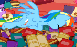 Size: 487x299 | Tagged: safe, screencap, pinkie pie, rainbow dash, twilight sparkle, pegasus, pony, g4, sonic rainboom (episode), animated, book, female, gif, mouth hold, scroll, solo focus, twitch