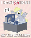 Size: 990x1200 | Tagged: safe, artist:pixelkitties, derpy hooves, pegasus, pony, g4, computer, desk, exclamation point, female, grin, image macro, internet, mare, meme, opinion, opinions on the internet, smiling, solo