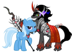 Size: 1200x886 | Tagged: safe, artist:pixelkitties, king sombra, trixie, pony, unicorn, g4, alicorn amulet, duo, female, male, mare, scepter, simple background, stallion, transparent background