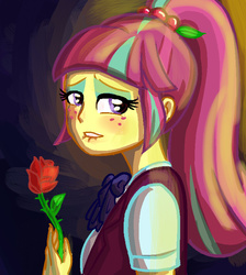 Size: 740x825 | Tagged: safe, artist:kul, sour sweet, equestria girls, g4, my little pony equestria girls: friendship games, blushing, dreamy, female, flower, lip bite, ponytail, rose, solo