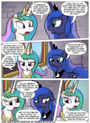 Size: 1400x1900 | Tagged: safe, artist:moemneop, princess celestia, princess luna, pony, comic:shifting changelings lies and truths, g4, blushing, comic