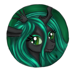 Size: 1204x1182 | Tagged: safe, artist:kassberke, queen chrysalis, changeling, changeling queen, g4, badge, bust, crown, female, jewelry, looking at you, portrait, regalia, smiling, solo