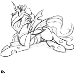 Size: 900x900 | Tagged: safe, artist:asadama, queen chrysalis, changeling, changeling queen, g4, blushing, female, lineart, monochrome, sketch, solo