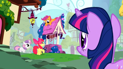 Size: 1366x768 | Tagged: safe, screencap, apple bloom, scootaloo, sweetie belle, twilight sparkle, g4, stare master, cutie mark crusaders