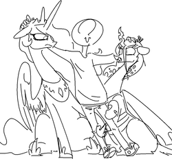 Size: 1000x938 | Tagged: safe, artist:nobody, princess celestia, queen chrysalis, oc, oc:anon, human, g4, annoyed, monochrome, now kiss, sketch, this will end in tears and/or death