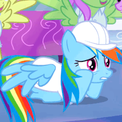 Size: 443x443 | Tagged: safe, screencap, merry may, parasol, rainbow dash, twilight sparkle, pegasus, pony, g4, sonic rainboom (episode), animated, clothes, cloudsdale, cropped, female, gif, hat