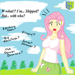 Size: 1024x1024 | Tagged: safe, artist:neutralchilean, fluttershy, equestria girls, g4, anime face, blushing, breasts, busty fluttershy, cleavage, denver broncos, female, humanized, implied discoshy, implied flutterdash, implied fluttermac, implied shipping, implied sunshyne, implying, solo, south park, surprised, wat