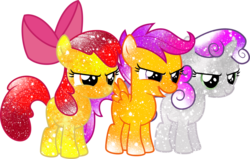 Size: 1123x712 | Tagged: safe, artist:digiradiance, artist:jeatz-axl, apple bloom, scootaloo, sweetie belle, earth pony, pegasus, pony, unicorn, g4, cutie mark crusaders, evil smile, female, filly, foal, galaxy, horn, simple background, smiling, transparent background, trio, vector