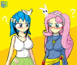 Size: 1024x866 | Tagged: safe, artist:neutralchilean, fluttershy, oc, oc:mayumi, equestria girls, g4, accessory swap, big breasts, blushing, breasts, busty fluttershy, cleavage, clothes swap, cross, cross necklace, crossover, duo, female, humanized, jewelry, necklace