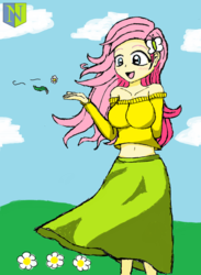 Size: 900x1229 | Tagged: safe, artist:neutralchilean, fluttershy, equestria girls, g4, belly button, big breasts, blushing, breasts, busty fluttershy, clothes, female, humanized, long skirt, midriff, off shoulder, skirt, solo, sweater, sweatershy, wind