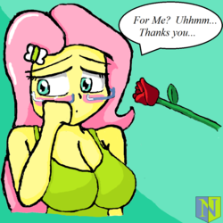 Size: 1000x1000 | Tagged: safe, artist:neutralchilean, fluttershy, equestria girls, g4, big breasts, blushing, breasts, busty fluttershy, cleavage, comic, crying, dialogue, engrish, female, flower, rose, solo