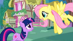 Size: 1366x768 | Tagged: safe, screencap, fluttershy, twilight sparkle, g4, my little pony: friendship is magic, stare master, duo, eye contact, ponyville