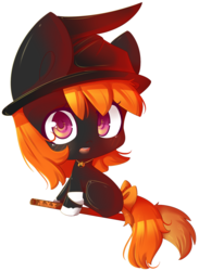 Size: 1079x1478 | Tagged: safe, artist:puffleduck, oc, oc only, oc:orange blossom, earth pony, pony, :d, chibi, cute, halloween, hat, witch hat