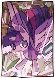 Size: 600x849 | Tagged: safe, artist:poym, twilight sparkle, alicorn, pony, g4, blushing, book, female, flying, mare, open mouth, smiling, solo, spread wings, twilight sparkle (alicorn)