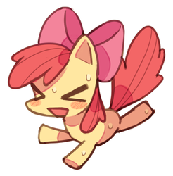 Size: 599x608 | Tagged: safe, artist:poym, apple bloom, g4, blushing, eyes closed, female, filly, foal, jumping, open mouth, smiling, solo, sweat