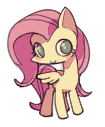 Size: 600x720 | Tagged: safe, artist:poym, fluttershy, g4, blushing, female, looking at you, simple background, smiling, solo, spread wings, standing, turned head, white background