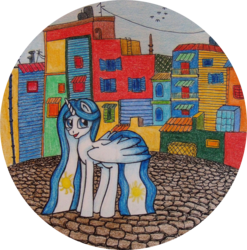Size: 2248x2276 | Tagged: safe, artist:arianelka, oc, oc only, oc:princess argenta, pony, argentina, colorful, drawing, high res, nation ponies, outdoors, ponified, solo, traditional art