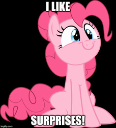 Size: 500x549 | Tagged: safe, pinkie pie, g4, all caps, black background, english, happy, image macro, imgflip, meme, simple background, sitting, smiling, solo, text