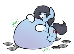 Size: 1280x939 | Tagged: safe, artist:nom-sympony, oc, oc only, oc:pepper dust, pegasus, pony, belly, food, impossibly large belly, pie, pie tin, stomach noise, stuffing, tongue out